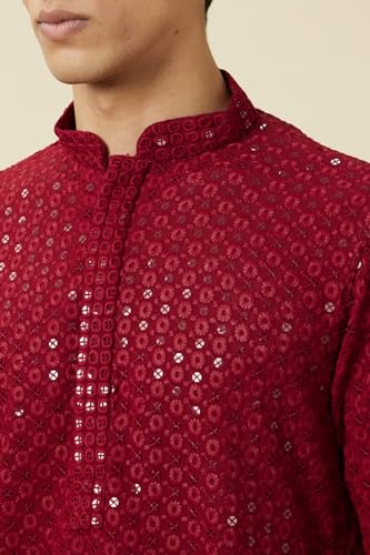 Manyavar Mens Maroon Viscose Embroidered Kurtas
