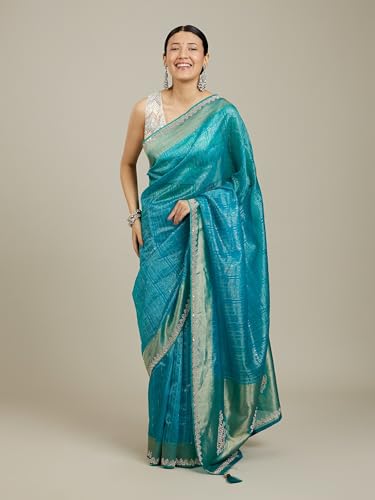 MOHEY Women's Art Silk Mirror Work Zari Saree(Teal Blue)