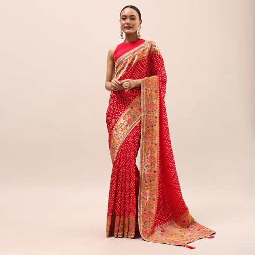 KALKI Fashion Red Bandhani Silk Saree With Unstitched Blouse Silk sarees for women Traditional Ethnic Wear Fashion Wear Wedding Collection Festive Saree Elegant Designer Saree