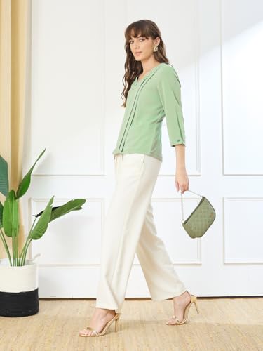 Latin Quarters Women's Green 3/4th Sleeves V-Neck Casual Solid Top_XL