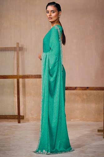 Soch Womens Teal Green Fendy Georgette Woven Design Saree With Stone Work