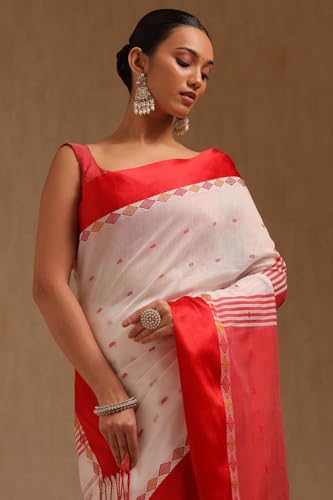 Soch Womens White Cotton Woven Design Saree