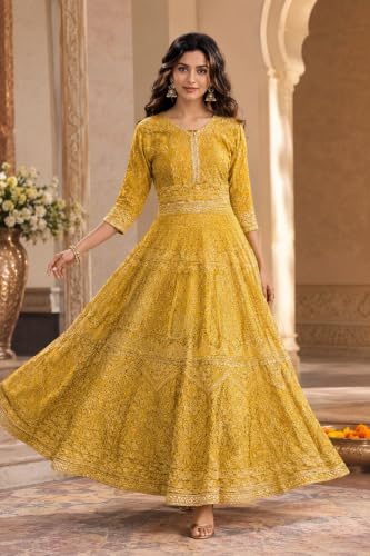 RIDDHI SIDDHI LTD Women's Yellow Anarkali Gown with Chikankari Embroidery