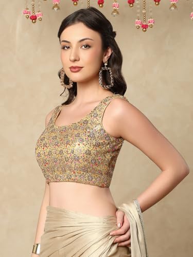 S SALWAR STUDIO Golden Embroidered Net Sleeveless Readymade Saree Blouse