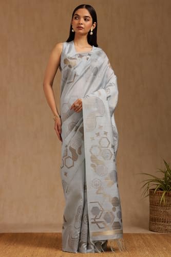 Soch Womens Light Grey Tussar Woven Design Saree