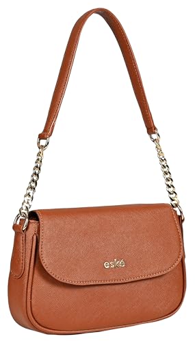 eske Adeline Vegan Leather Shoulder Bag for Women | Chain Strap with Shoulder Support | Magnetic Flap Closure | 1 Main Compartment with Zip & Slip Pockets | Stylish & Compact Handbag (Tan)