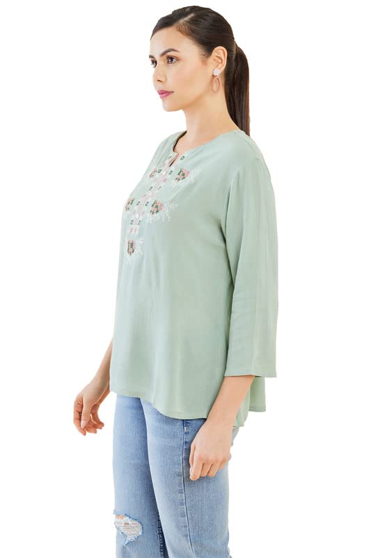 Soch Womens Sap Green Crepe Tunic with Geometric Embroidery
