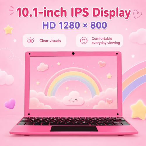 Fwmntu 10.1 Inch Android 13 Mini Laptop 2GB RAM 64GB Memory HD IPS Display 1280*800 Pixels Portable Netbook with Allwinner A133 CPU (Pink)