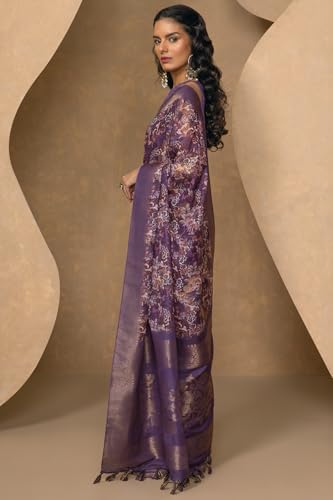 Soch Womens Purple Chanderi Floral Print Saree