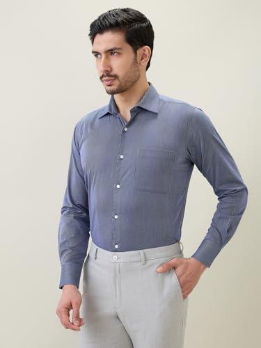 Raymond Men Regular Fit Stripe Pattern Pure Cotton Cut Away Collar Full Sleeve Formal Shirt Blue