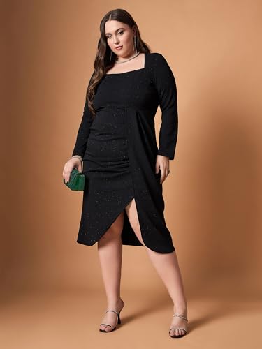 SASSAFRAS Curve Women's Glitter Karera Length Front Slit Midi Dress (SFDRSS12472_Black_3XL)