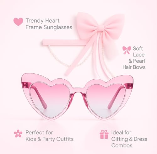 Tresneria Children Heart Shape Sunglasses with Pink Ribbon Hair Clips | UV Protection Fashion Combo Pack of 2