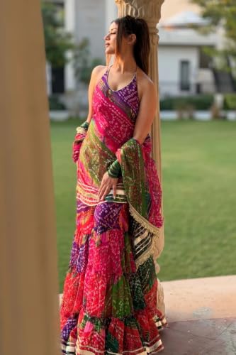 VARNI FABRICS: A lady's First Love Women's Multicolor Georgette Bandhni Printed Kurti Set With Sharara And Dupatta
