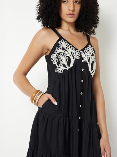 Max Women Embroidered Tiered Midi Dress (Black_XS)