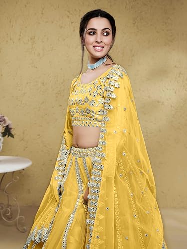 Zeel Clothing Women's Net Semi-stitched Foil Embroidered Lehenga Choli With Dupatta (5029-Yellow--Lehenga-Choli-Latest,Free size)