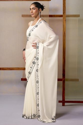 Soch Womens Off White Fendy Satin Embellished Saree With Stone Work