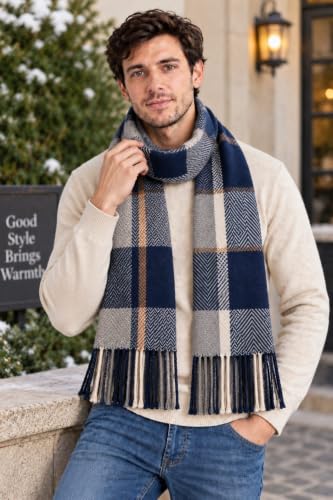 Krystle Men’s Winter Woolen Muffler Scarf | Warm Soft Checkered Plaid Neck Wrap | Stylish Winter Scarf for Men | (Blue,Free Size)