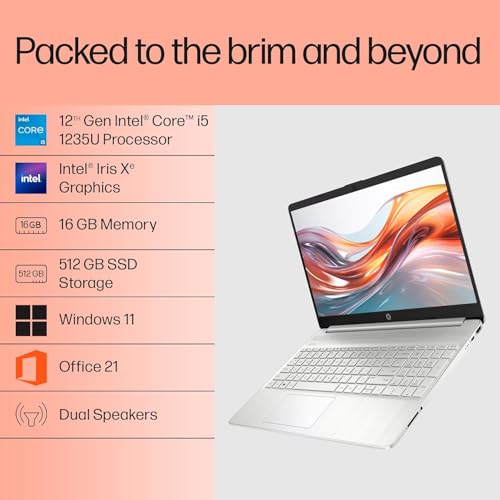 HP 15s, 12th Gen Intel Core i5-1235U,16GB DDR4, 512GB SSD (Win11, Office21, Silver, 1.69kg) Anti-Glare,15.6-inch(39.6cm), FHD Laptop, Intel Iris Xe Graphics, Backlit KB, HD Camera, fq5330TU