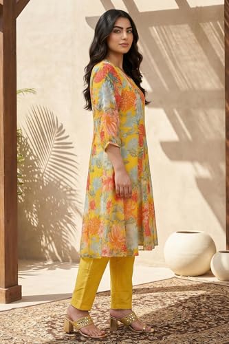 W for Woman Yellow Floral Printed Chiffon Straight Kurta with Pants and Dupatta Set - (WS13922-126973-XS)