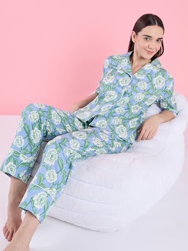 Sweet Dreams Women's Floral Printed Front Open Pyjama Set