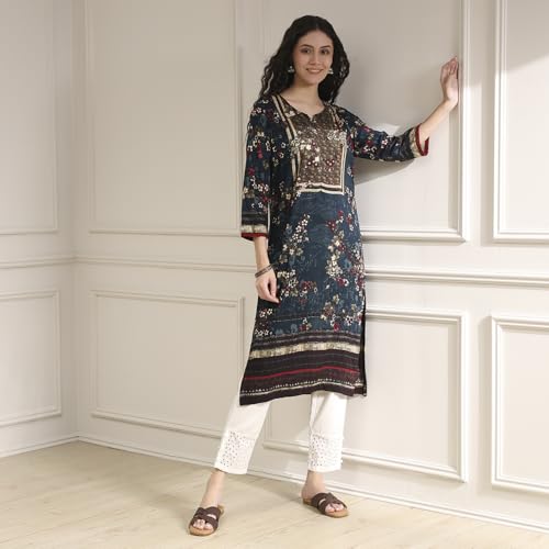 BIBA Women Teal Floral Printed Straight Kurta_32