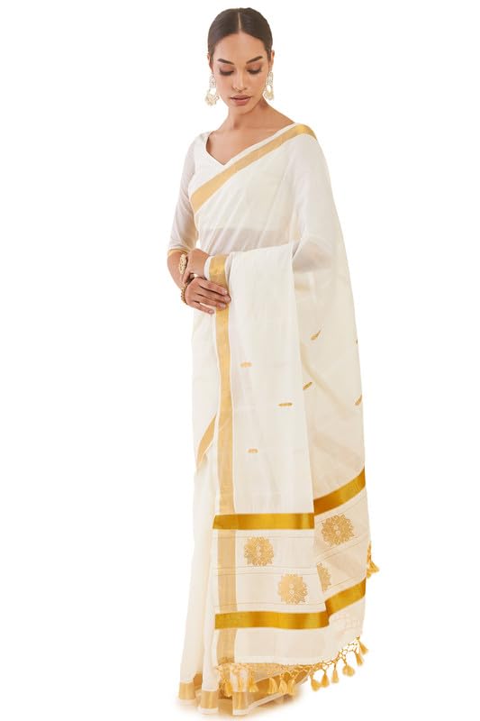 Soch Women Off White Cotton Kasavu Saree With Zari Woven Borders And Motifs, Off-White