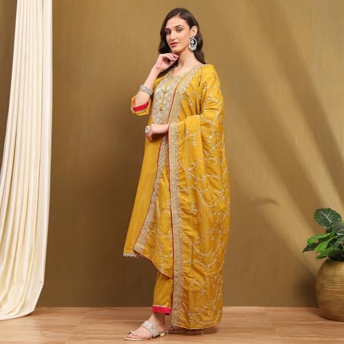 BIBA Women's Yellow Tissue Machine Embroidered Unstitched Suit Set