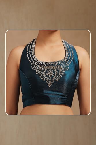 Soch Womens Teal Blue Fendy Chiffon Embellished Saree With Stone Work
