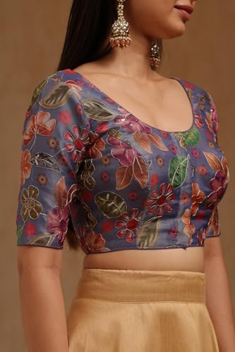 Soch Womens Blue Tissue Floral Print Padded Blouse with Sequins