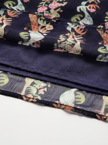 Label RITU KUMAR Round Neck Full Sleeves Printed Top with Inner Navy