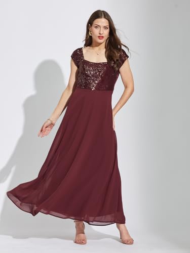 Latin Quarters Women Maroon Square Neck Cap Sleeves Solid Maxi Fit & Flare Dress L