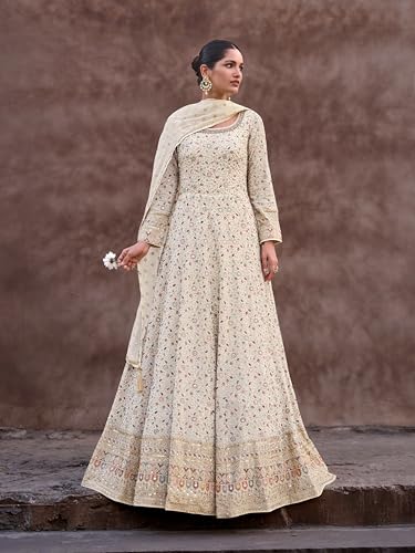 TRENDMALLS Women's Georgette Embroidery Sequence work Anarkali Kurta Pant Set with Dupatta for Women (G284-OffWhite-3XL)