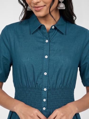 Max Women Solid Smocked Shirt Dress (Teal_XS)
