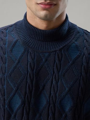 Raymond Men Regular Fit Wrapper Pattern Merino Wool Acrylic Blend Full Sleeve V Neck Casual Sweater Dark Brown