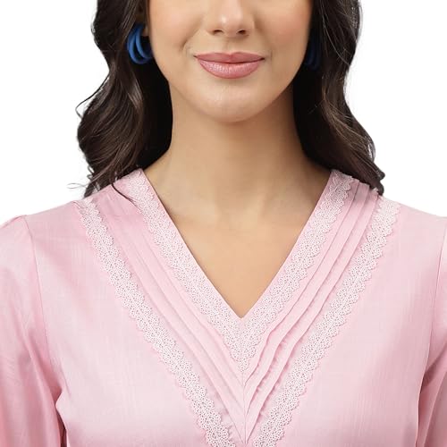 Latin Quarters Women Pink V-Neck Three-Quarter Sleeves Solid for Casual Wear_XXL