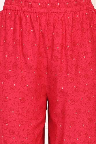 W for Woman Red Floral Print Zari Embroidered A-Line Kurta with Straight Pant (WS10102-125168-L)