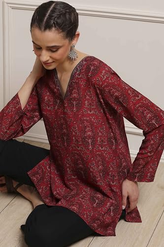 Biba Women Maroon Black Polyester Straight Printed Kurta_40
