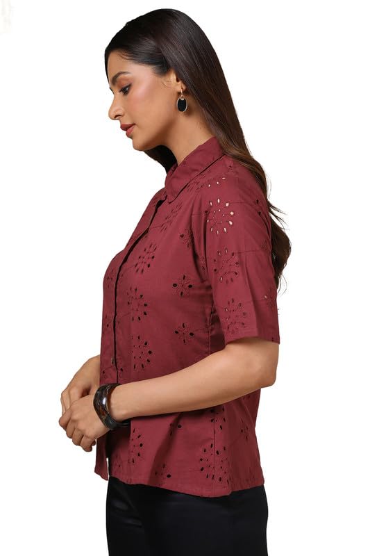 Soch Womens Maroon Cotton Blend Schiffli Tunic