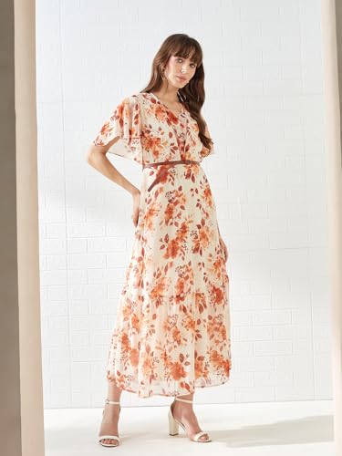 Latin Quarters Women's Rust Short Sleeves V-Neck Printed Casual Maxi Dress_XL