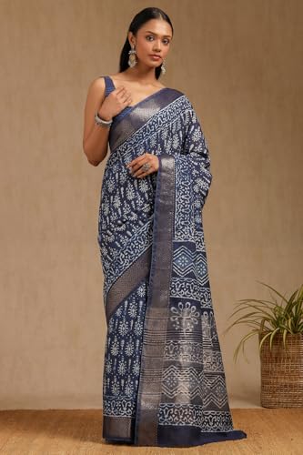 Soch Womens Indigo Viscose Block Print Saree