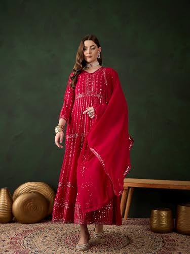 Miss Ethnik Women's Pink Faux Georgette Stitched Top with Unstitched Santoon Bottom and Faux Georgette Dupatta Full Sleeve Embroidered Anarkali Gown (MEY-1106-Pink-XL)