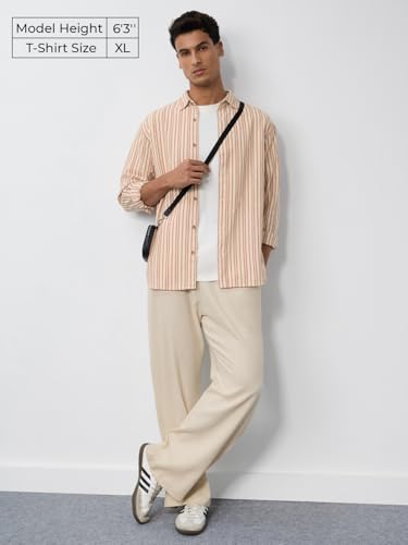 The Souled Store Cotton Linen Stripes: Apricot Men and Boys Long Sleeves Collared Neck Orange Stripes Regular Fit Lightweight Comfortable Summer Cotton Linen Shirts