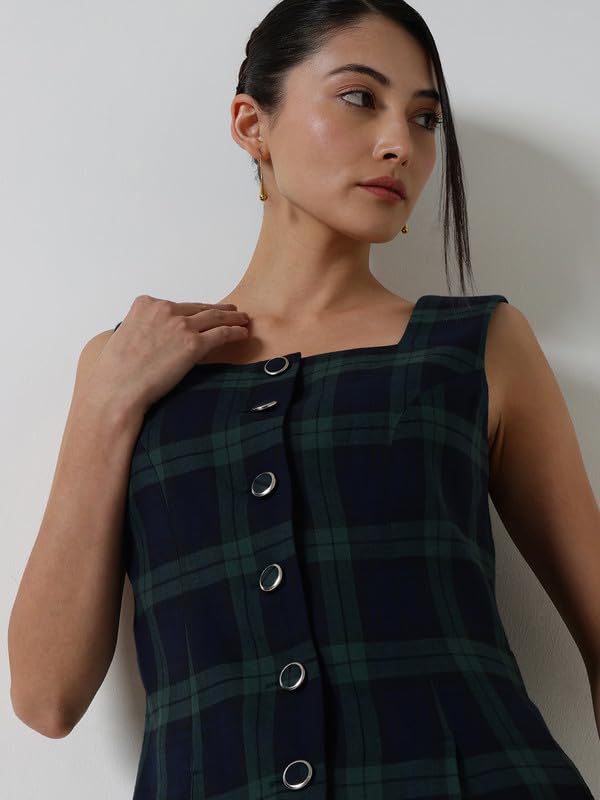 FableStreet Cotton Checkered Waistcoat - Blue