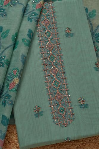 Soch Womens Turquoise Blue Chanderi Floral Print Unstitch Dress Material With Thread Work