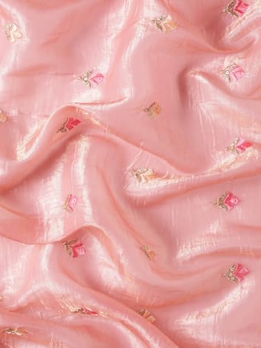 Panzora Women's Pink Tissue Gold Crush Embroiderd Saree With Unstitched Blouse Piece
