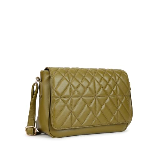 Fastrack Metro Quilt Sling Bag for Women|Olive Faux Leather Crossbody Bag| Quilted Flap Design with Zip & Magnetic Closure|Spacious Compartment with Organiser Pockets|Adjustable Strap|External Pocket