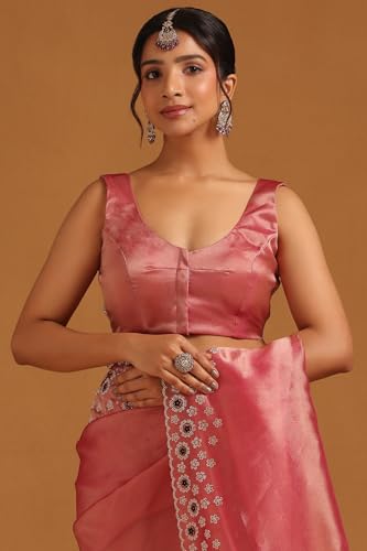 Soch Womens Blush Pink Tissue Floral Saree With Stone Work
