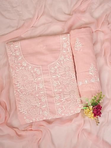 Ada Hand Embroidered Lucknowi Chikankari Unstitched Cotton Dress Material Suit Piece with Dupatta for Women 01A762929 Pastel Peach