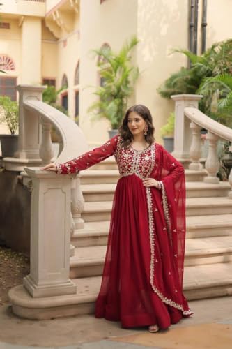 Women's Maroon Anarkali Gown with Gold Embroidery, Traditional Wedding Party Dress, Long Floor Length (in, Alpha, M, Regular)