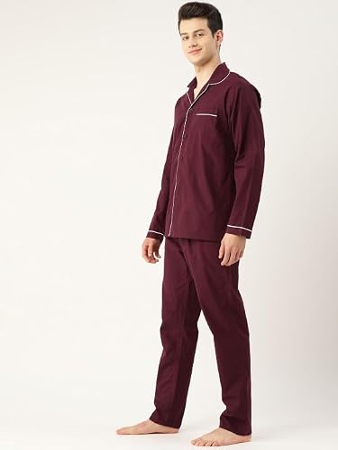 Hancock Men Solid Night Suit Wine Size L